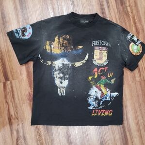 First Row Western Black T-Shirt with Bull Skull Cowboy Cactus Neon Vintage